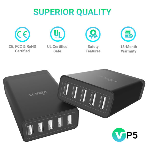 Vida IT VP5 USB 5 Ports Desktop Charging Hub 40W Black (UK or EU Plug)