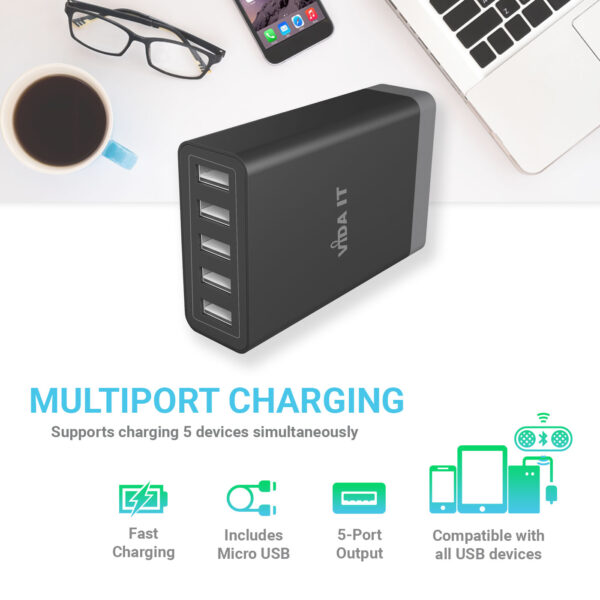 Vida IT VP5 USB 5 Ports Desktop Charging Hub 40W Black (UK or EU Plug)