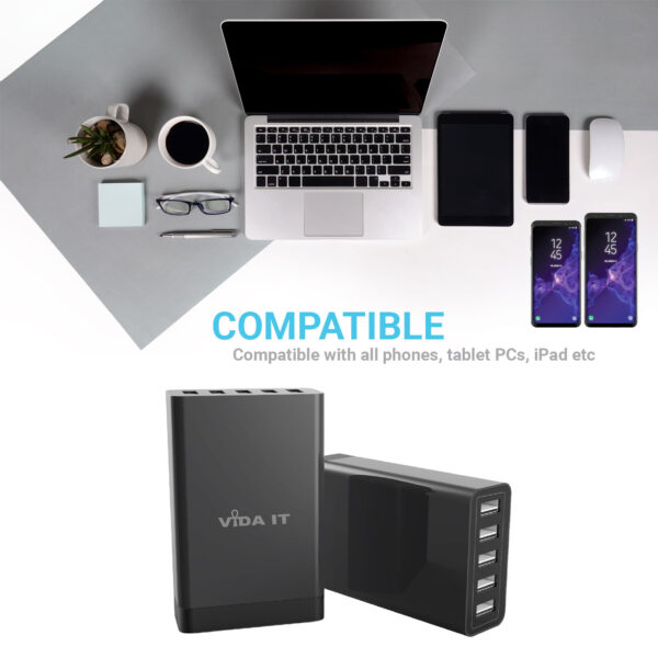 Vida IT VP5 USB 5 Ports Desktop Charging Hub 40W Black (UK or EU Plug)