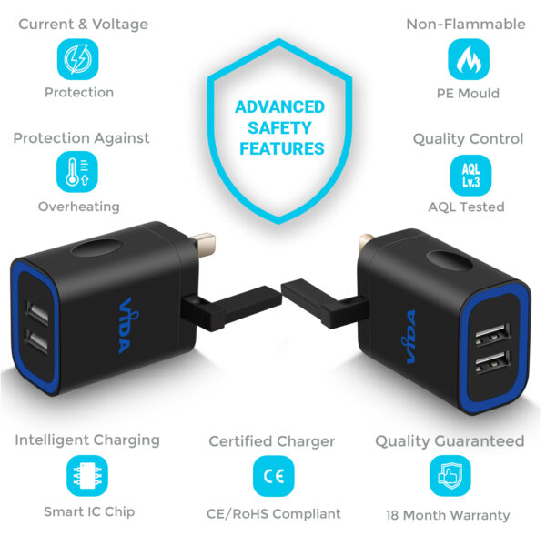 Vida IT VS1 Fast 2-Port USB Wall Charger 5V 2.4A Mains Adapter (UK Plug)