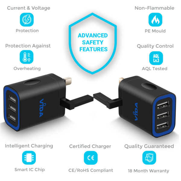 Vida IT VS1 Fast 3-Port USB Wall Charger 5V 3.1A Mains Adapter (UK Plug)