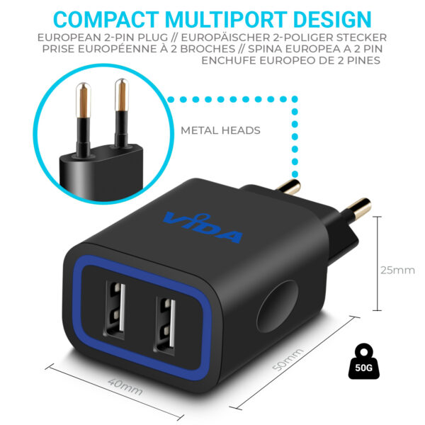 Vida IT VS1 Fast 2-Port USB Wall Charger 5V 2.4A Mains Adapter (EU Plug)