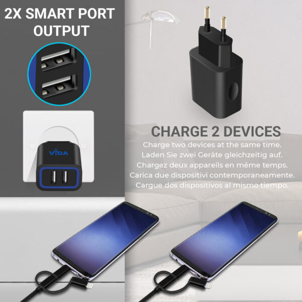 Vida IT VS1 Fast 2-Port USB Wall Charger 5V 2.4A Mains Adapter (EU Plug)