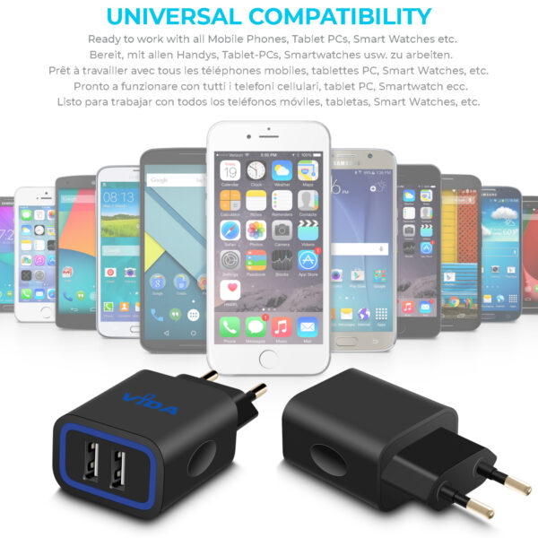 Vida IT VS1 Fast 2-Port USB Wall Charger 5V 2.4A Mains Adapter (EU Plug)