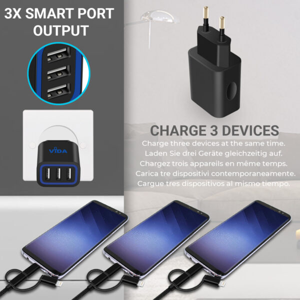 Vida IT VS1 Fast 3-Port USB Wall Charger 5V 3.1A Mains Adapter (EU Plug)
