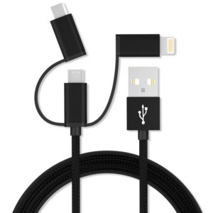 Vida IT V-C5 Nylon Braided 3-in-1 USB Cable with iPhone & Type-C Adapters
