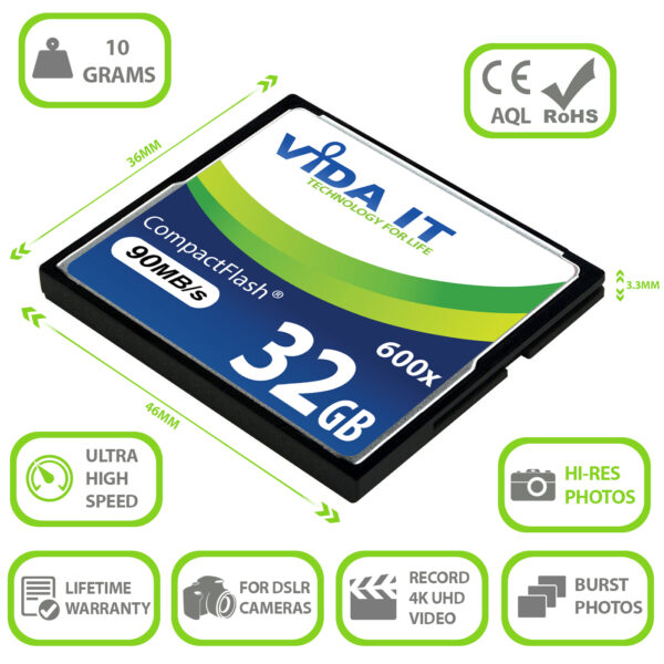 Vida IT 32GB CF Compact Flash Memory Card 600X Speed 90MB/s