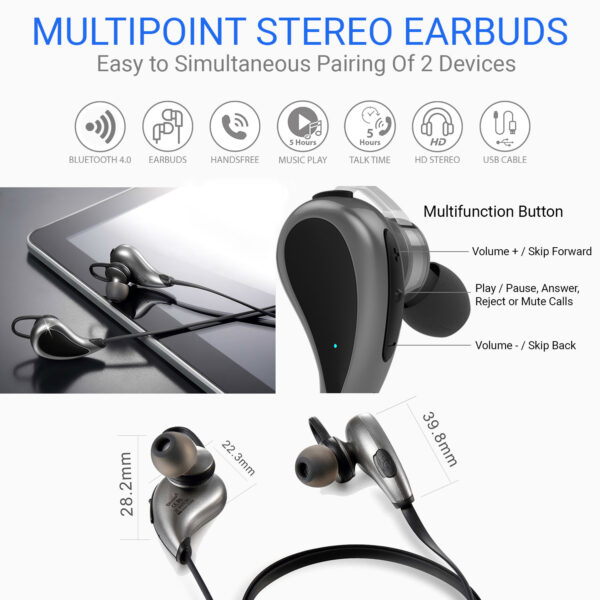 Vida IT V8 Stereo Sports Bluetooth 4.0 Earphones Headset (Black/Silver)