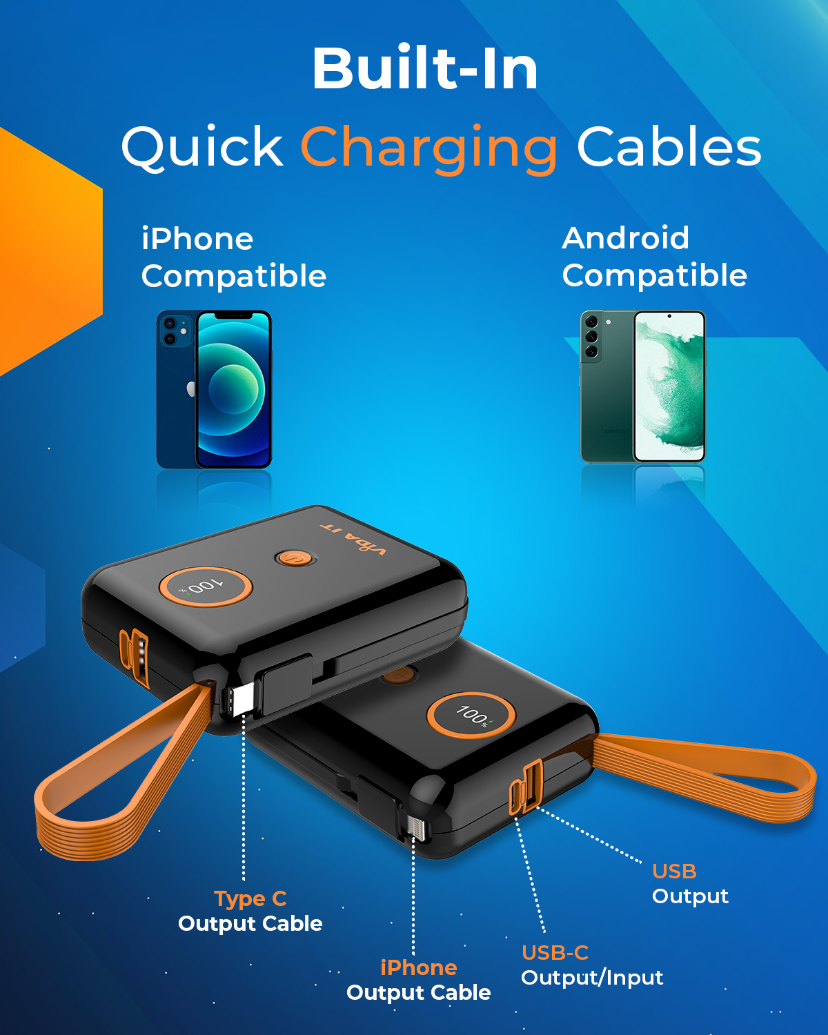 Vida IT vGo 10000mAh Power bank for heating clothing and mobile phones with built in cables for both iphone and android phones rechargeable battery pack fast charging