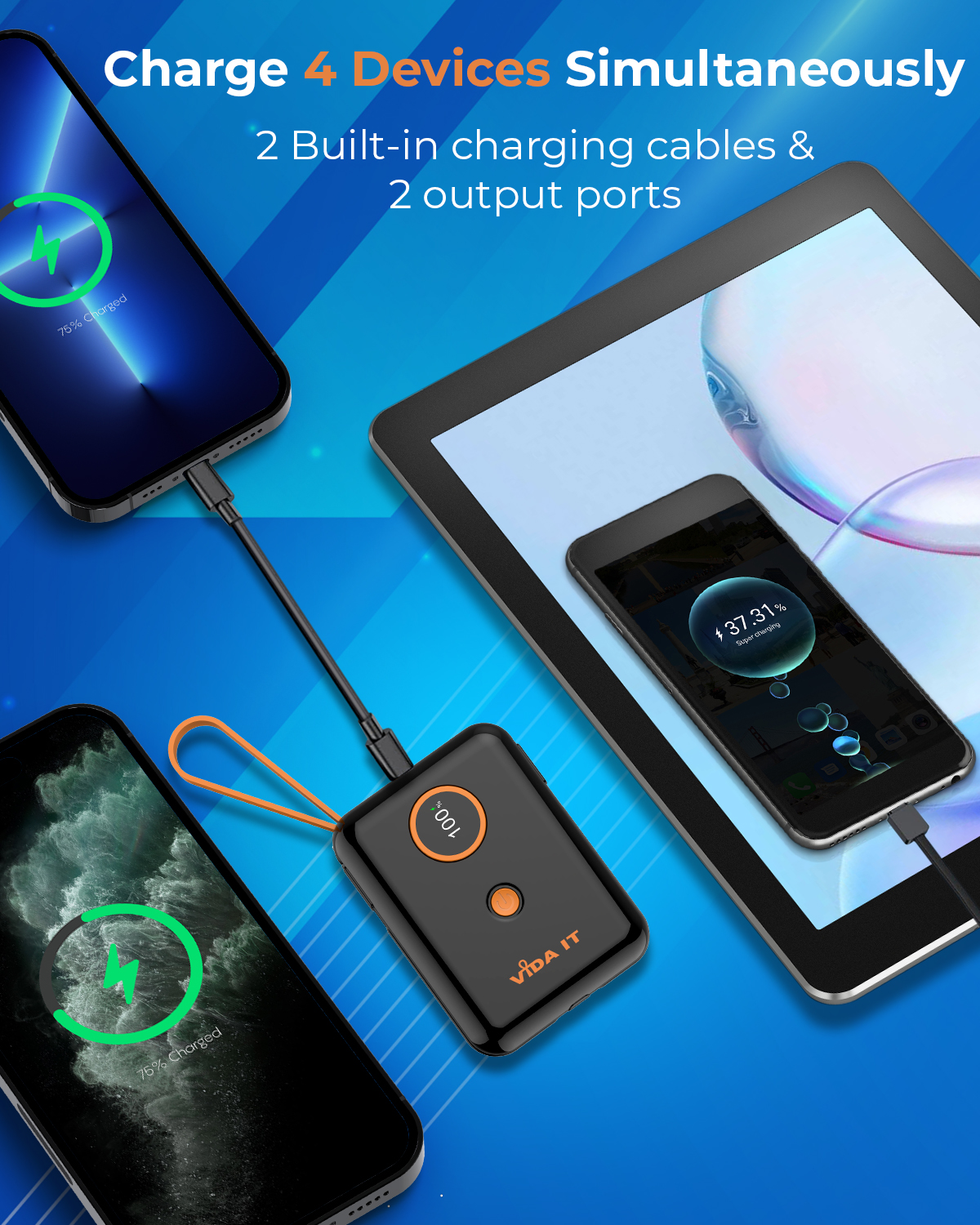 Vida IT vGo 10000mAh Power bank for heating clothing and mobile phones with built in cables for both iphone and android phones rechargeable battery pack fast charging