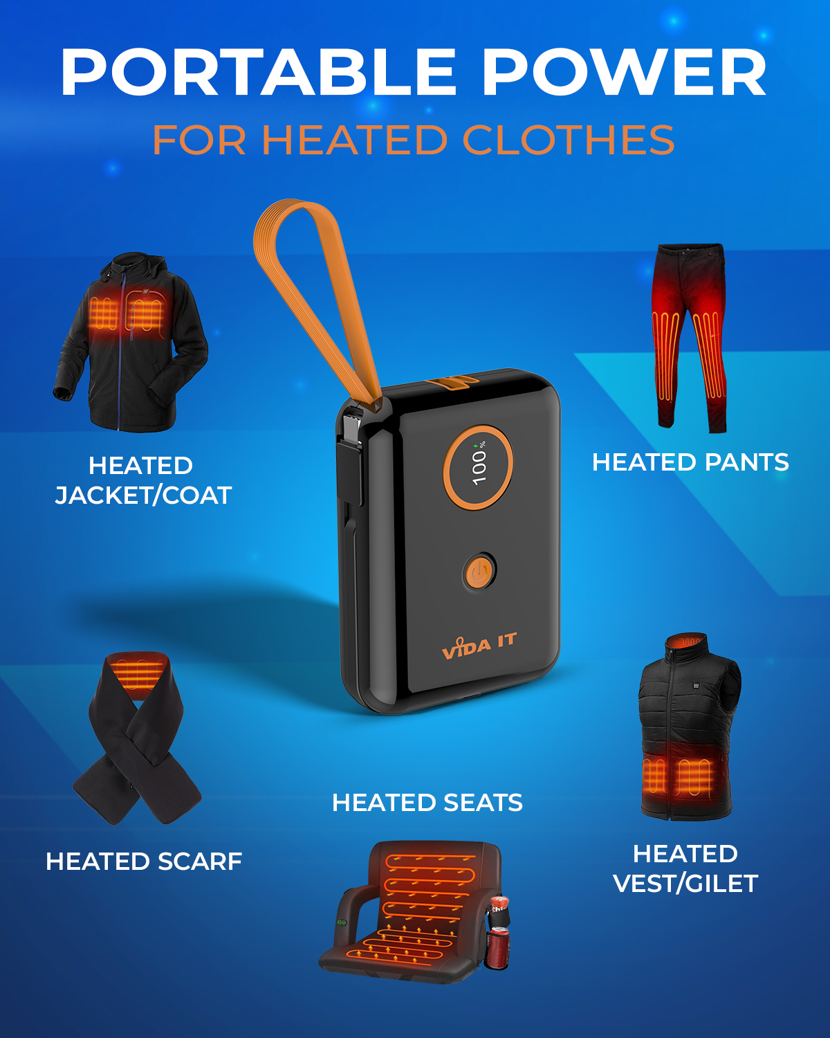 Vida IT vGo 10000mAh Power bank for heating clothing and mobile phones with built in cables for both iphone and android phones rechargeable battery pack fast charging