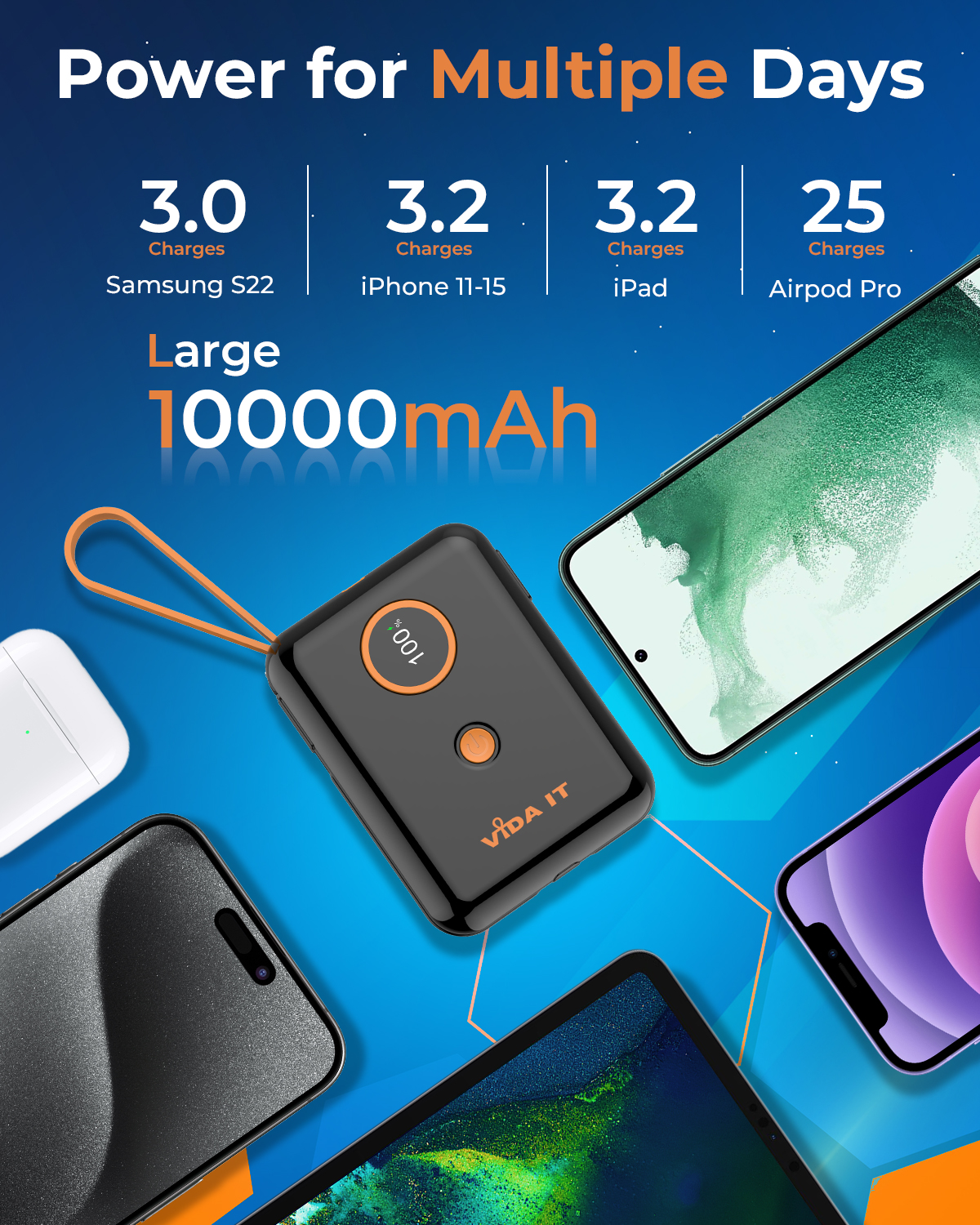 Vida IT vGo 10000mAh Power bank for heating clothing and mobile phones with built in cables for both iphone and android phones rechargeable battery pack fast charging